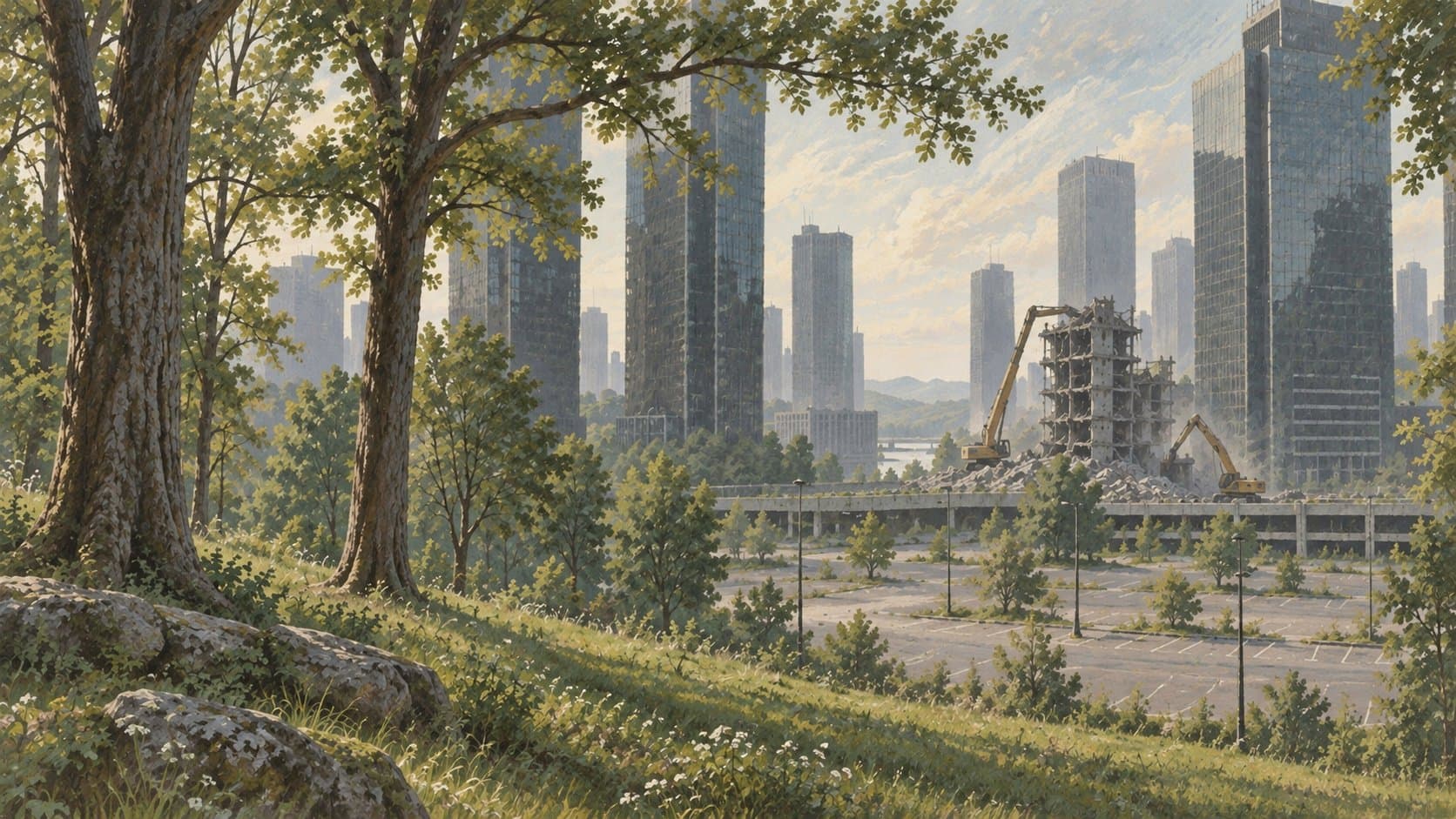 Empty towers beyond trees while machines dismantle a building