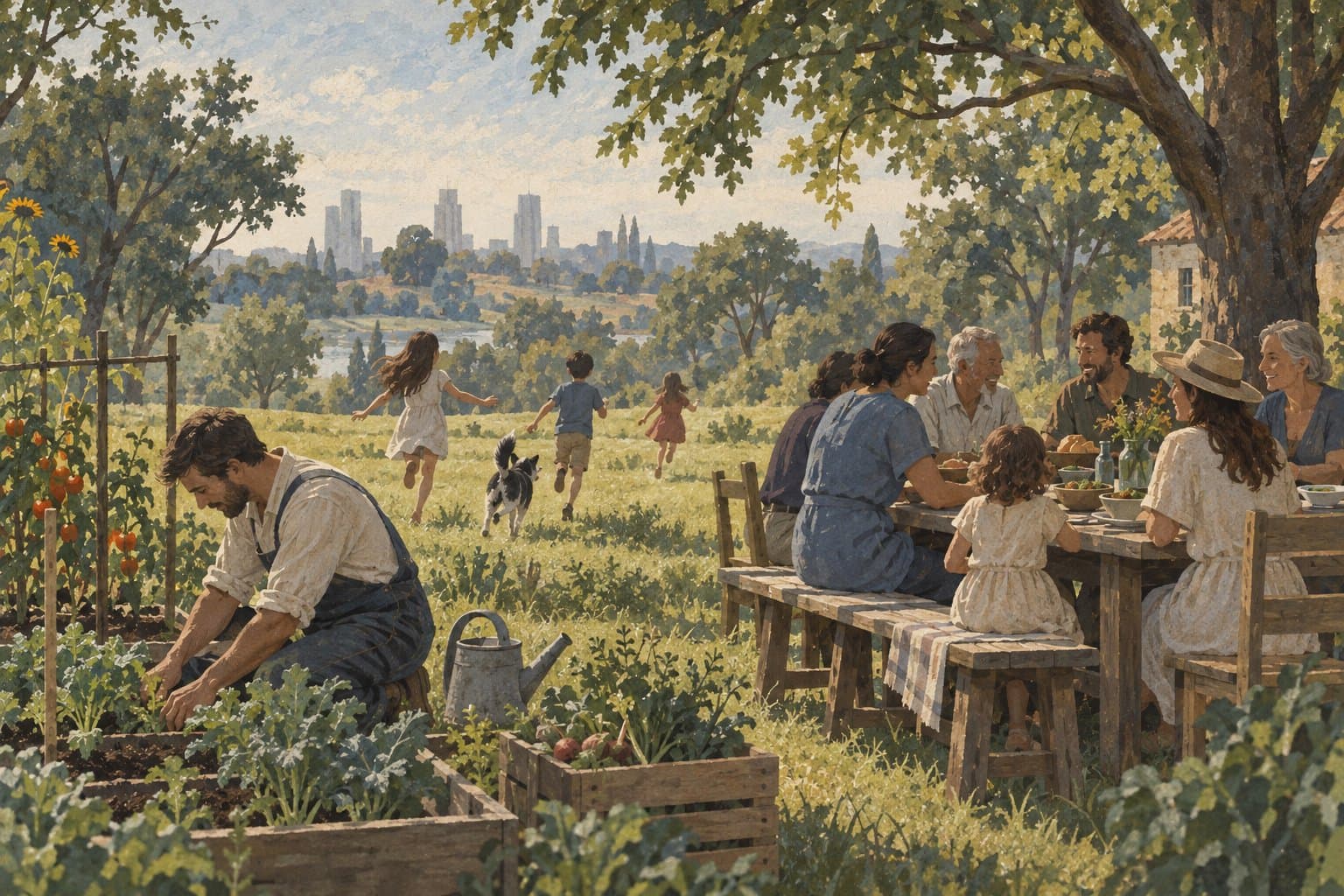 Garden with children playing and people eating at a long table under trees
