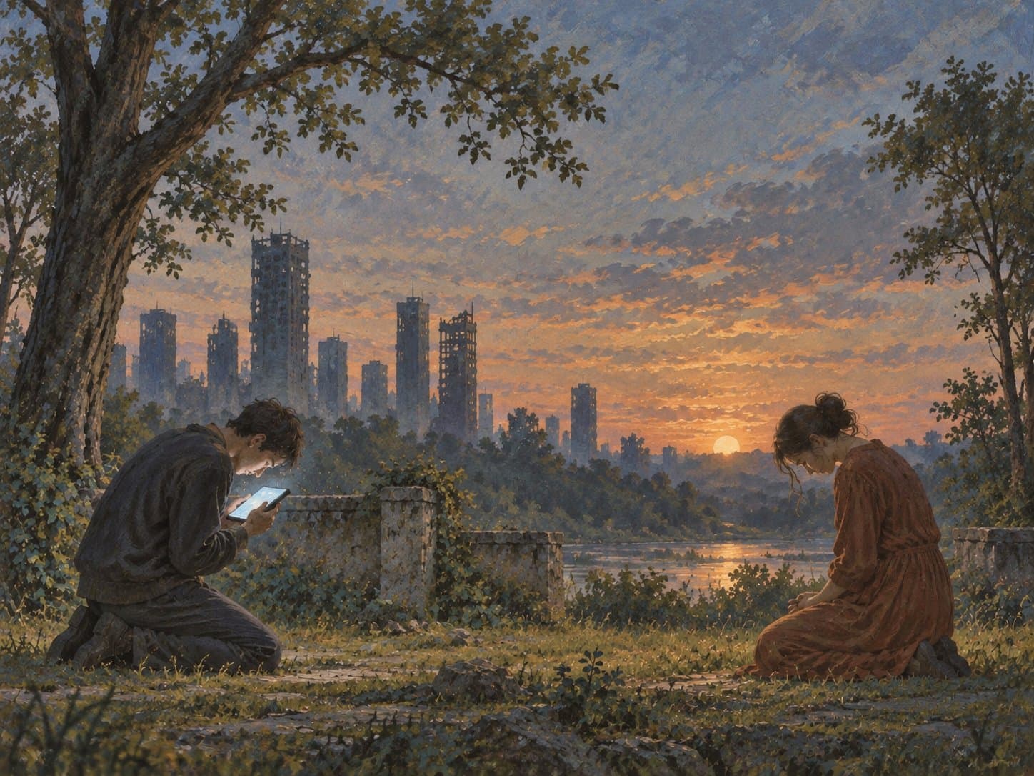 Two figures at dusk, one kneeling with tablet glow, one in prayer posture