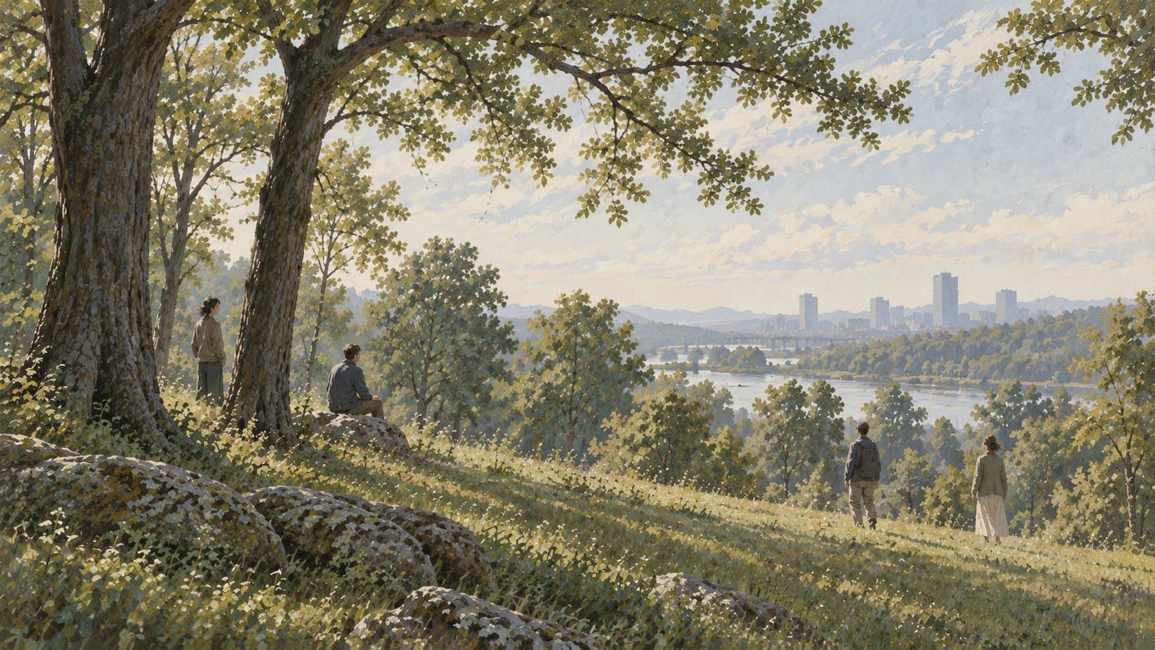 People on a hillside noticing each other across a quiet landscape