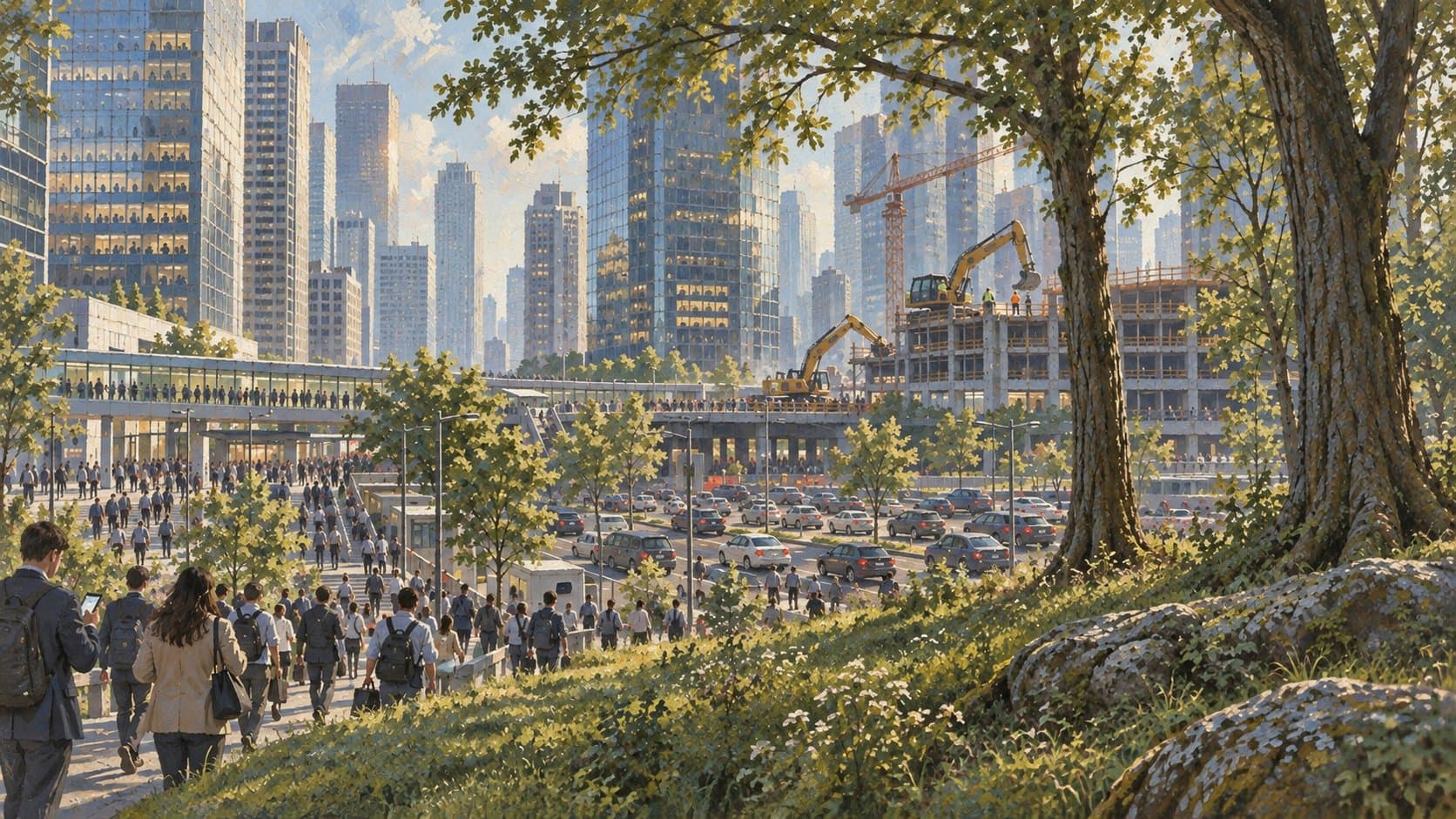 Busy present-day city with crowded streets and construction